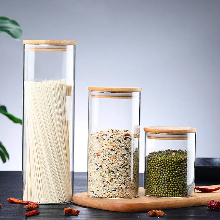 Free Match Full Sizes High Borosilicate Glass Air Tight Glass Storage Jar with Bamboo Lid