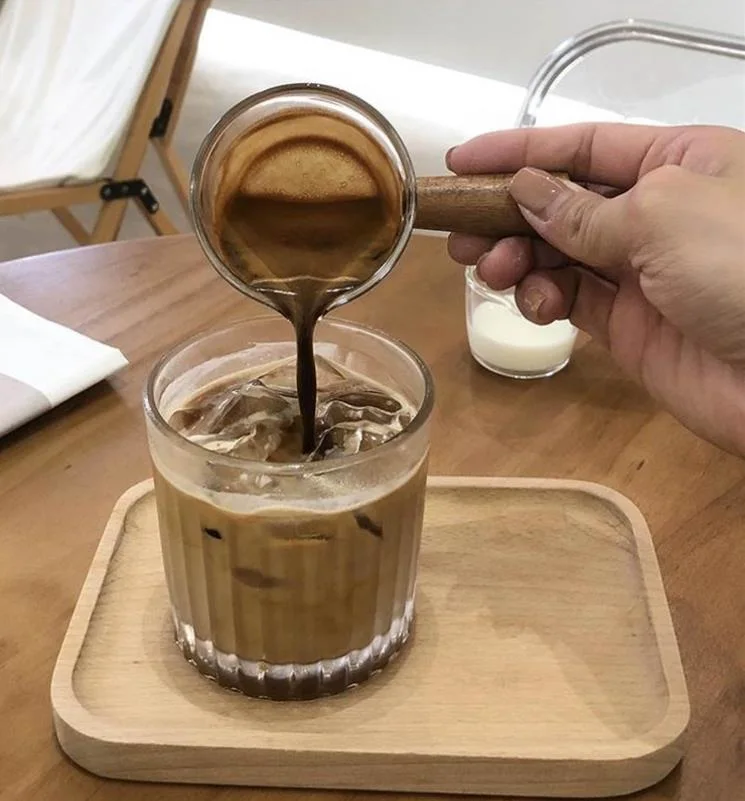 50/100/150ml High Borosilicate Clear Glass Milk Measuring Cups Espresso Coffee Milk DIP Cups with Wood Handle