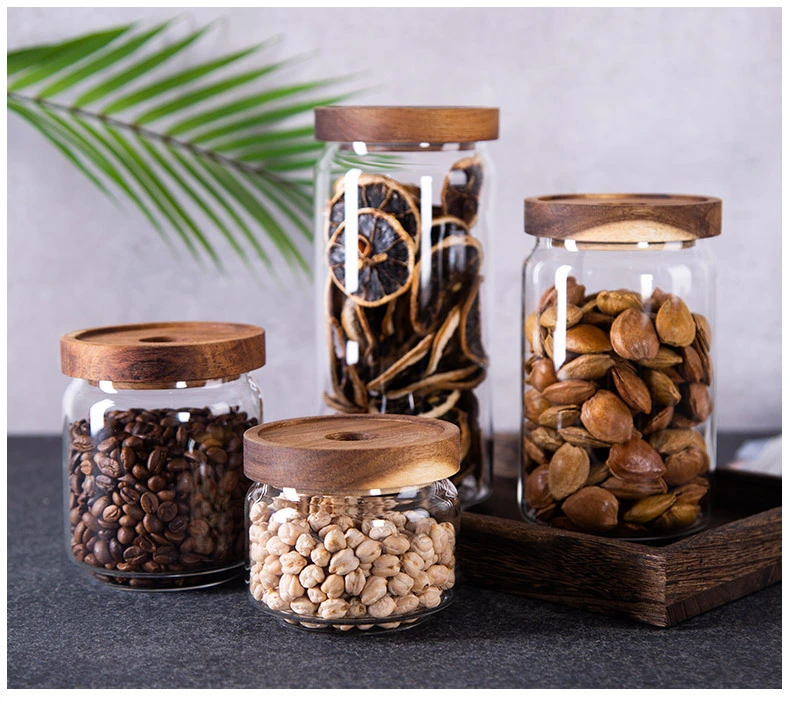 Wholesale Food Storage Borosilicate Glass Jar with Acacia Airtight Clamp Lid for Home and Kitchen Glass Canister Wide Mouth Glass Bottle for Coffee, Flour, Suga